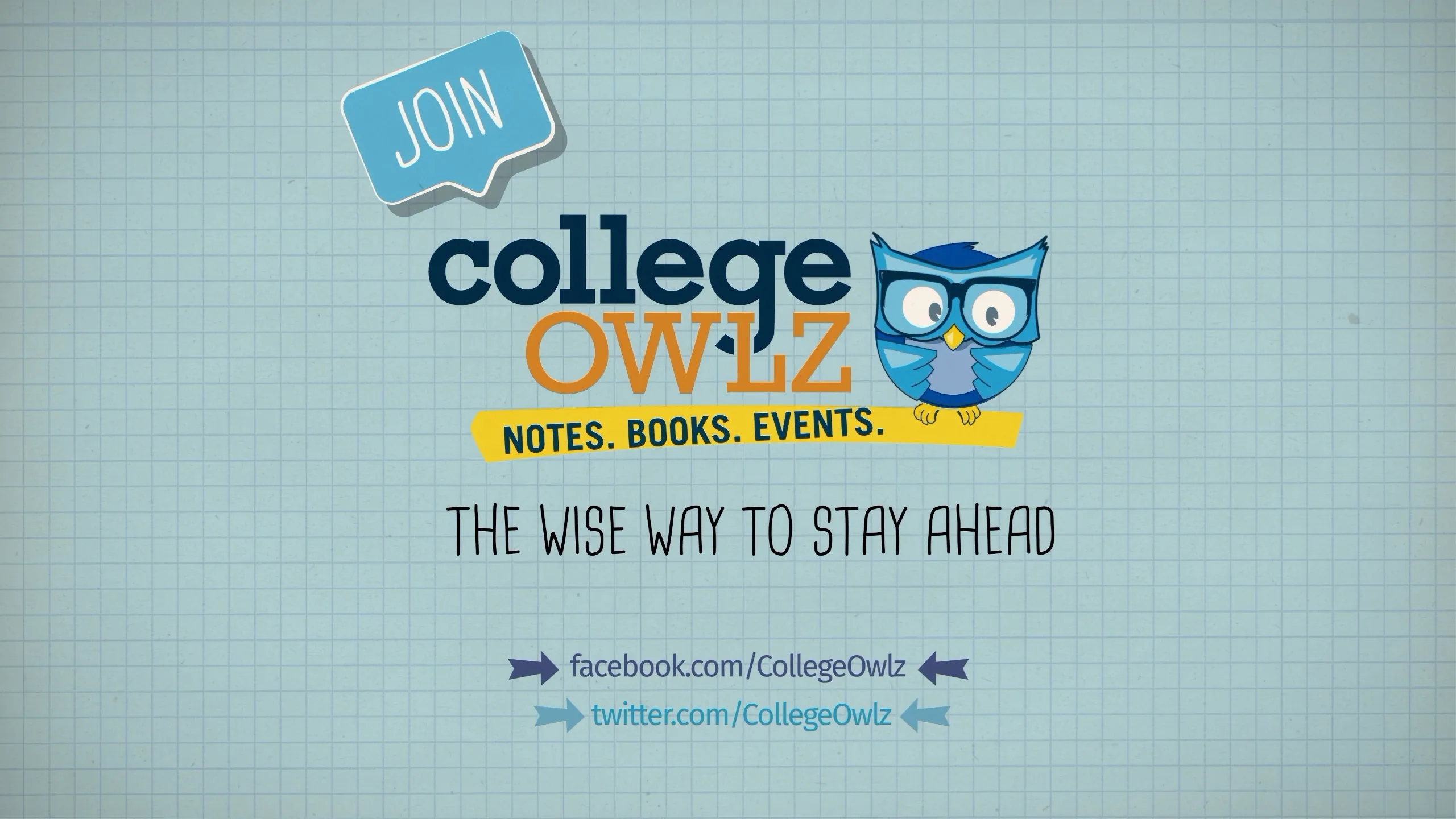 CollegeOwlz brand identity: owl mascot with Notes Books Events tagline