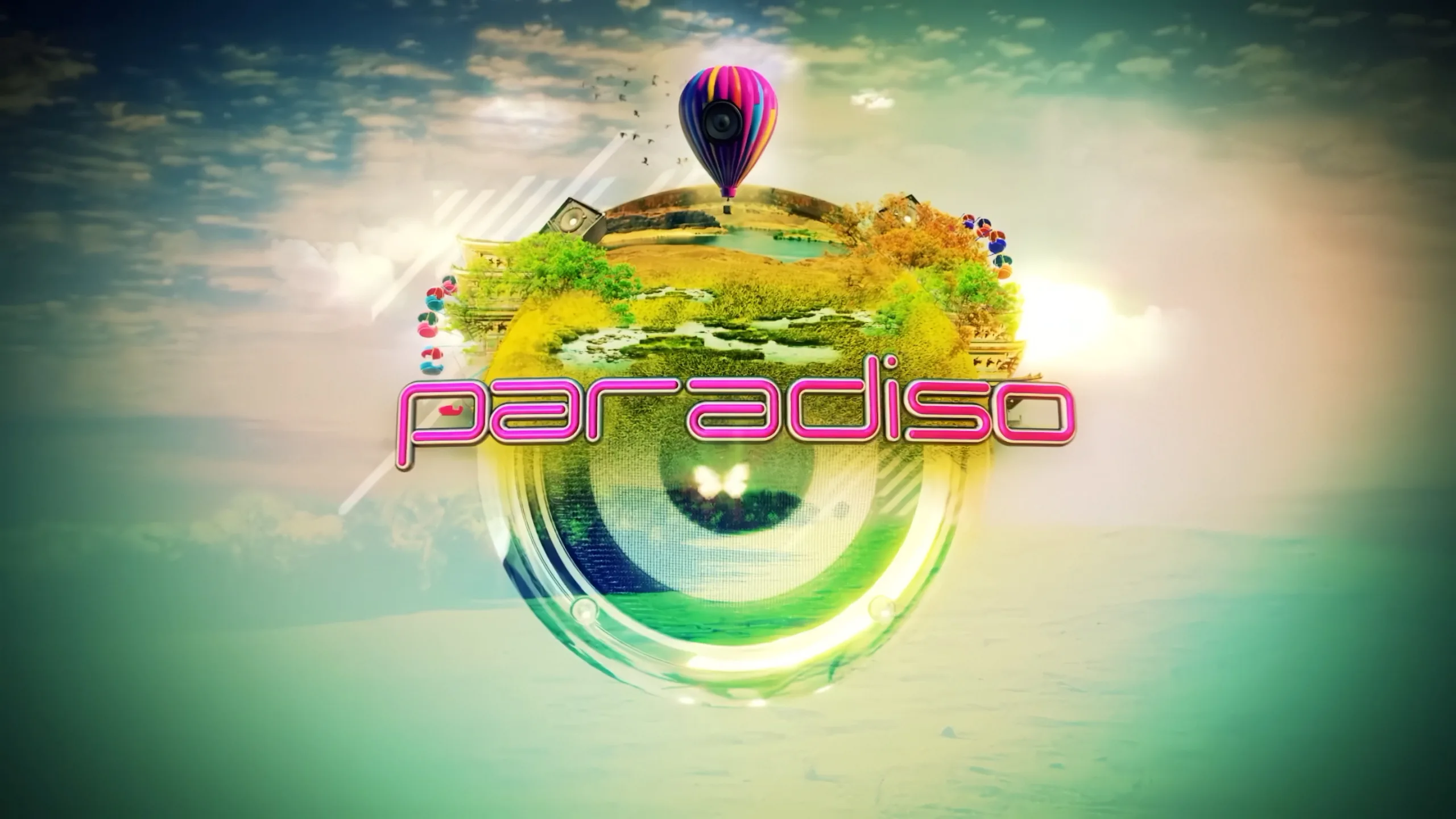 Paradiso Festival 2013 promotional artwork with floating island and hot air balloon